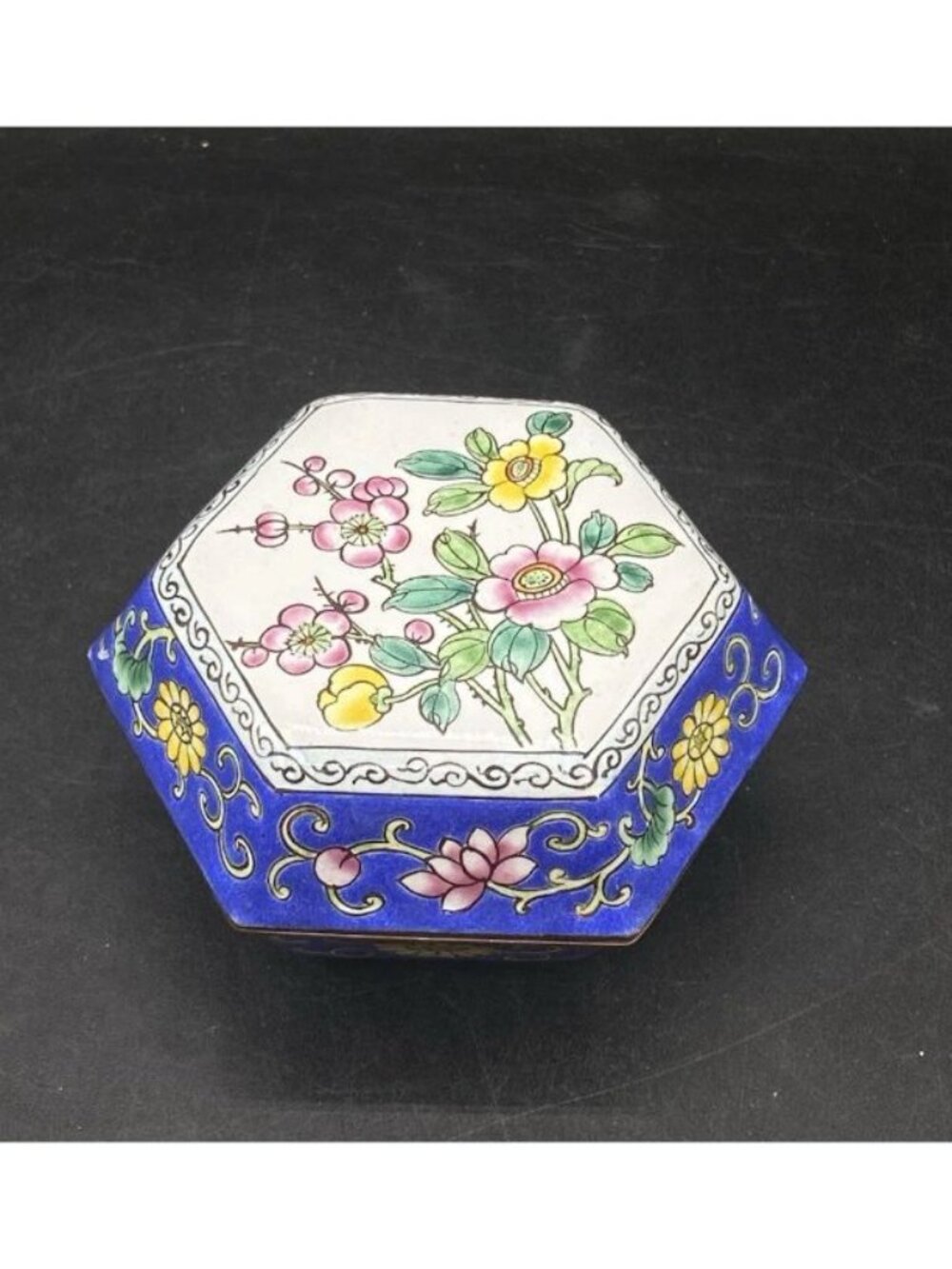 Hexagon Enamel Trinket Box Hand Painted Metal Book Designs Knobler 6 Sides READ - Picture 11 of 12